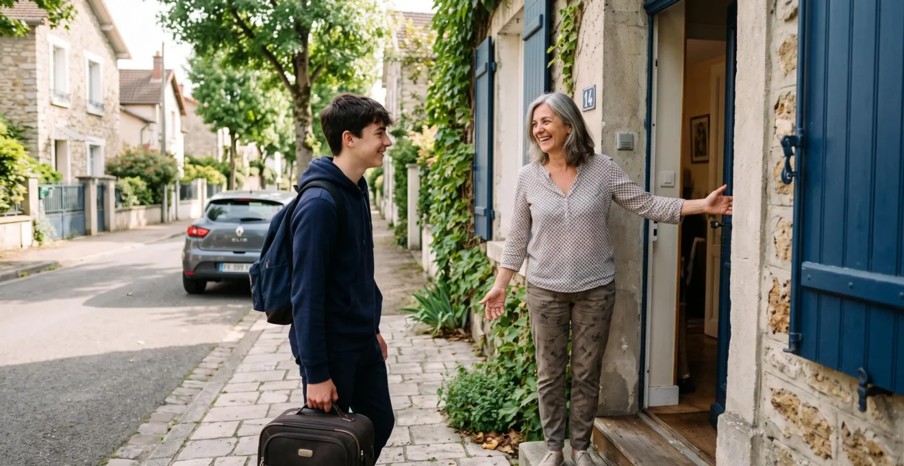 Une famille d'accueil française accueille à sa porte un jeune étudiant anglais portant une valise.
