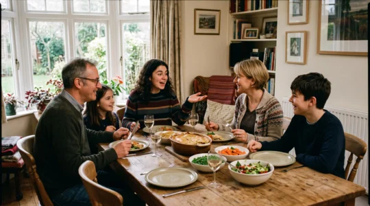 Un adolescent échange avec une famille d'accueil anglaise autour d'une table lors d'un repas dans une maison chaleureuse.