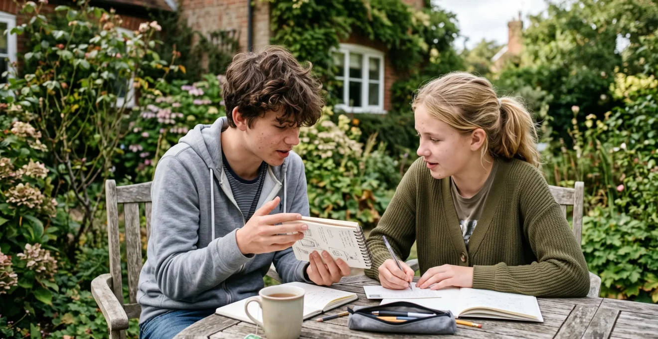 Deux adolescents en échange linguistique écrivent ensemble sur des cartes postales à une table de jardin.