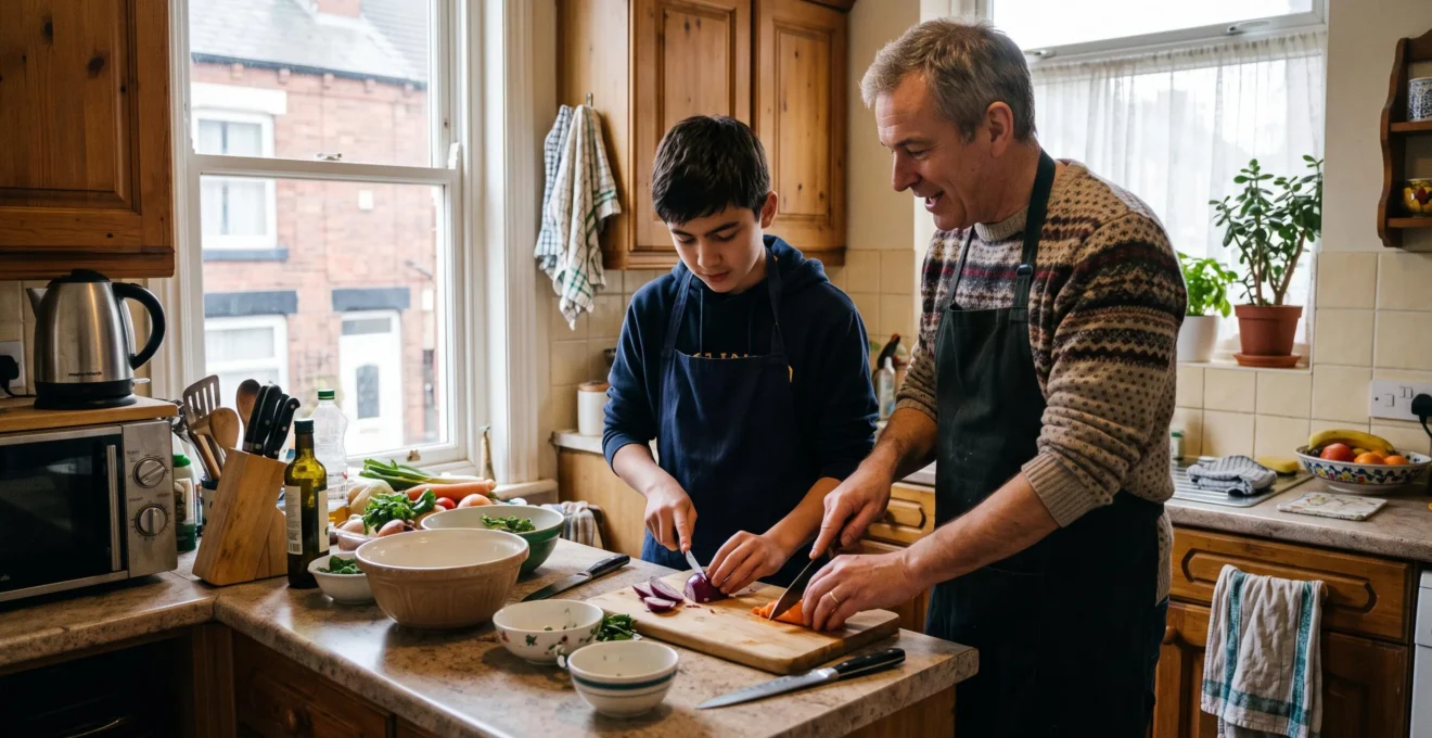 Un jeune apprenant prépare un repas avec son hôte anglais dans la cuisine d'une maison familiale.