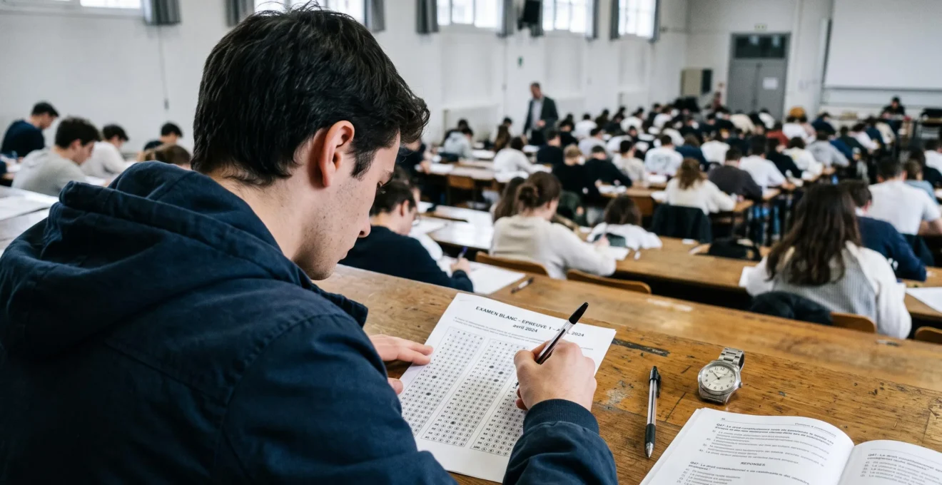 Un étudiant remplit une grille de réponses lors d'un examen blanc en salle surveillée.