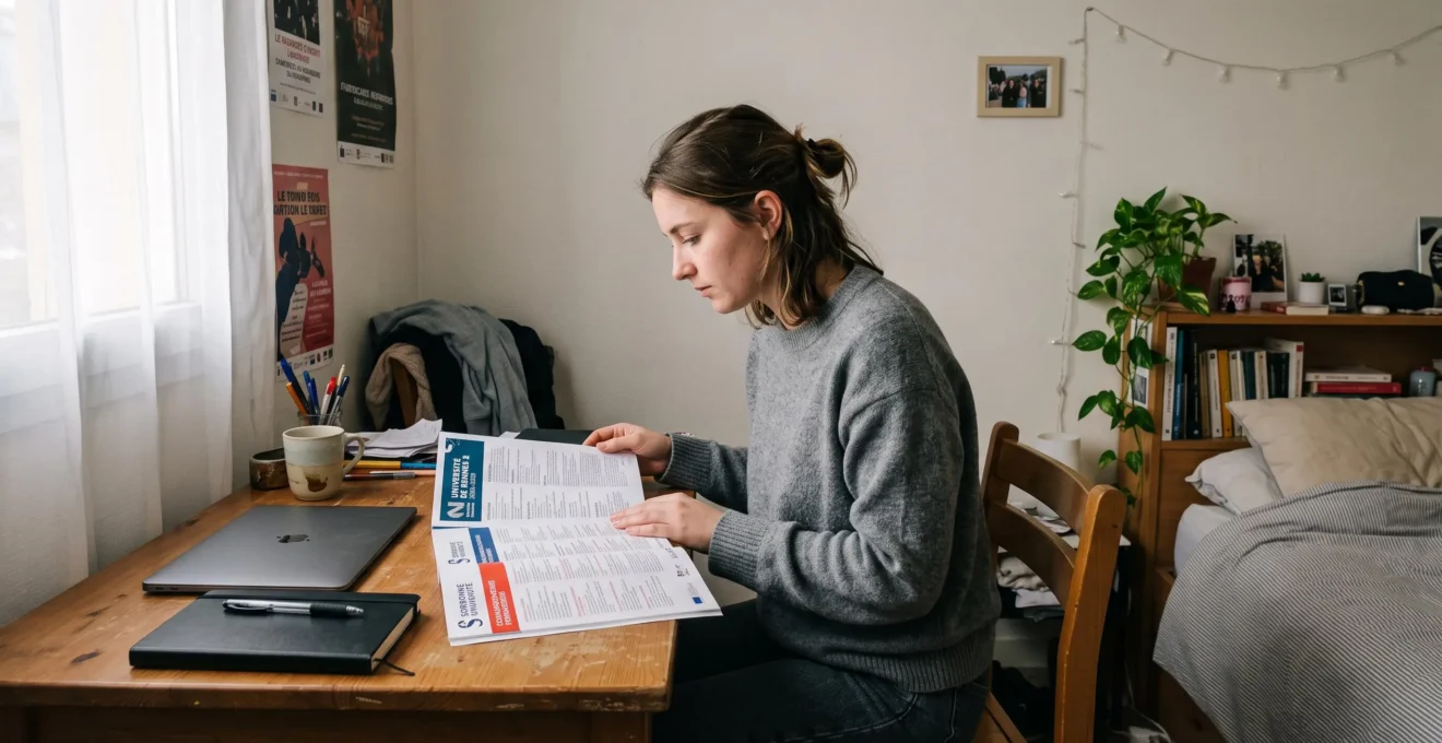 Une jeune femme compare deux brochures de formation posées sur son bureau.