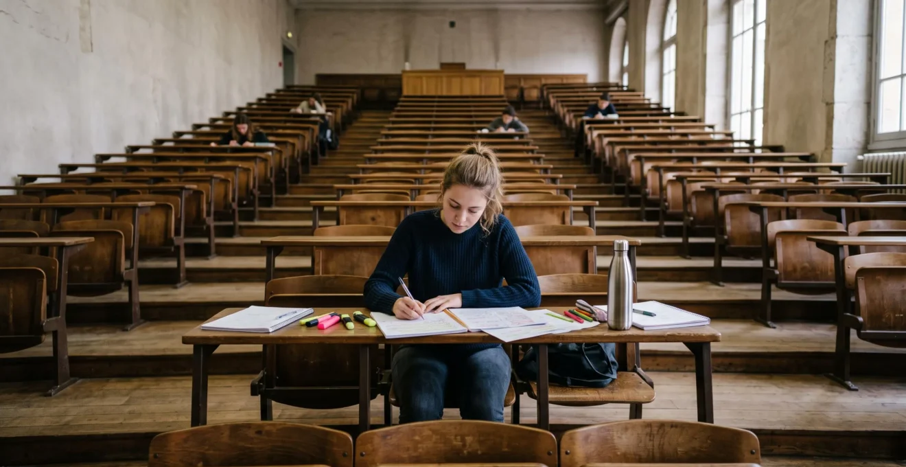 Une étudiante révise seule ses cours dans un grand amphithéâtre universitaire français.