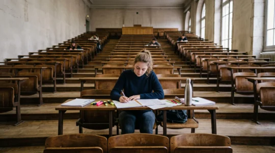 Une étudiante révise seule ses cours dans un grand amphithéâtre universitaire français.