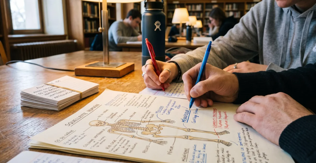 Deux étudiants annotent des fiches de cours à la bibliothèque universitaire.